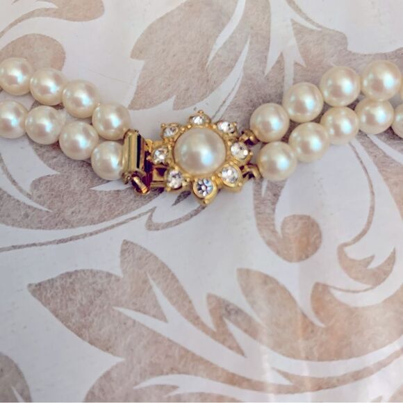 Vintage Faux Pearls & Rhinestones Necklace 2 Strand 16” Gorgeous - Picture 3 of 4